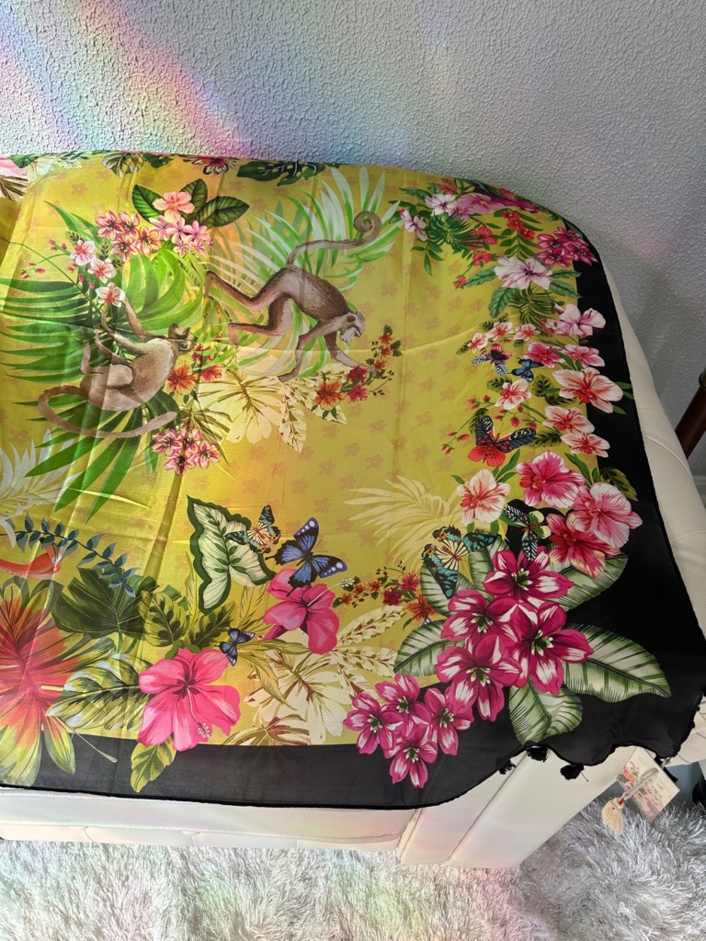 Johnny Was Amorina 100 Silk Scarf Tropical Floral Scarf-Yellow with Pink & Green - Picture 6 of 14